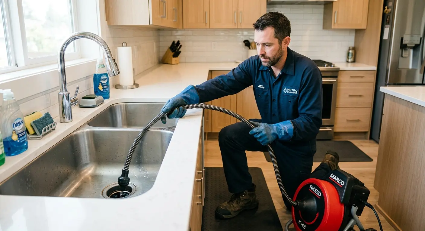 Drain cleaning technician using a motorized snake on a kitchen sink in Somerville