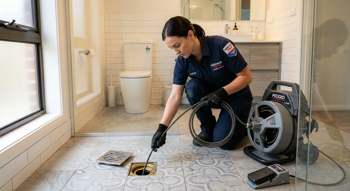 Technician clearing a bathroom floor drain for Drain Repair in Somerville